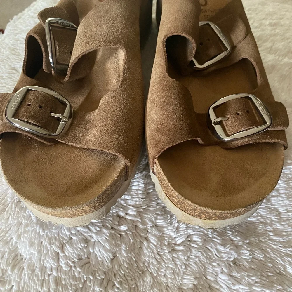 Yokono Brown Suede Double-Buckle Women's Slide Sandals